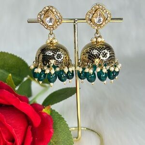Beautiful Green Gold Tayani Kundan Stone Jhumka
